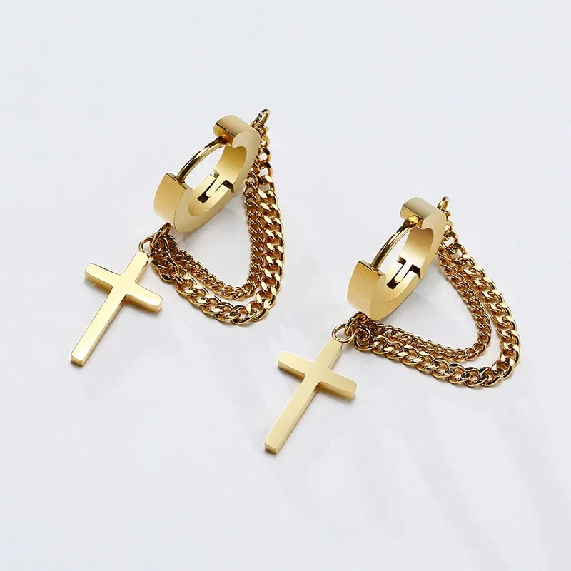 Stainless Steel Cross Double Chain Huggie Hoop Earrings | Trendy Unisex Jewelry