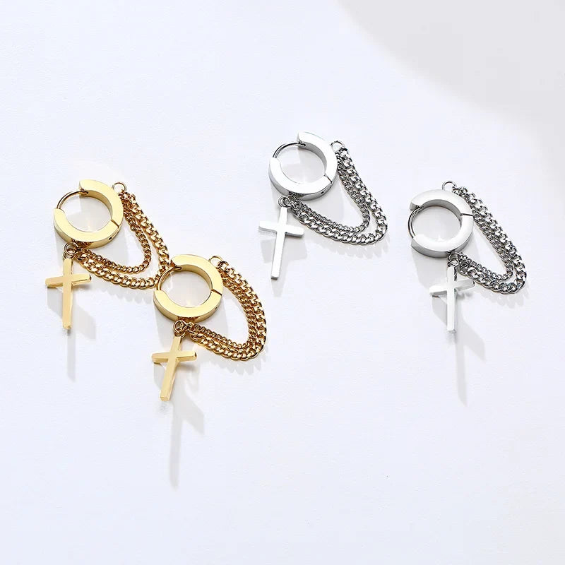 Stainless Steel Cross Double Chain Huggie Hoop Earrings | Trendy Unisex Jewelry