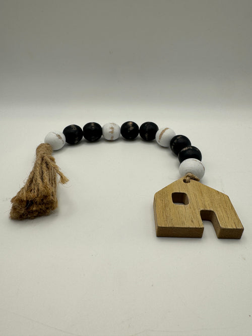 Black & White Beaded Garland with Wooden House Charm – 13"