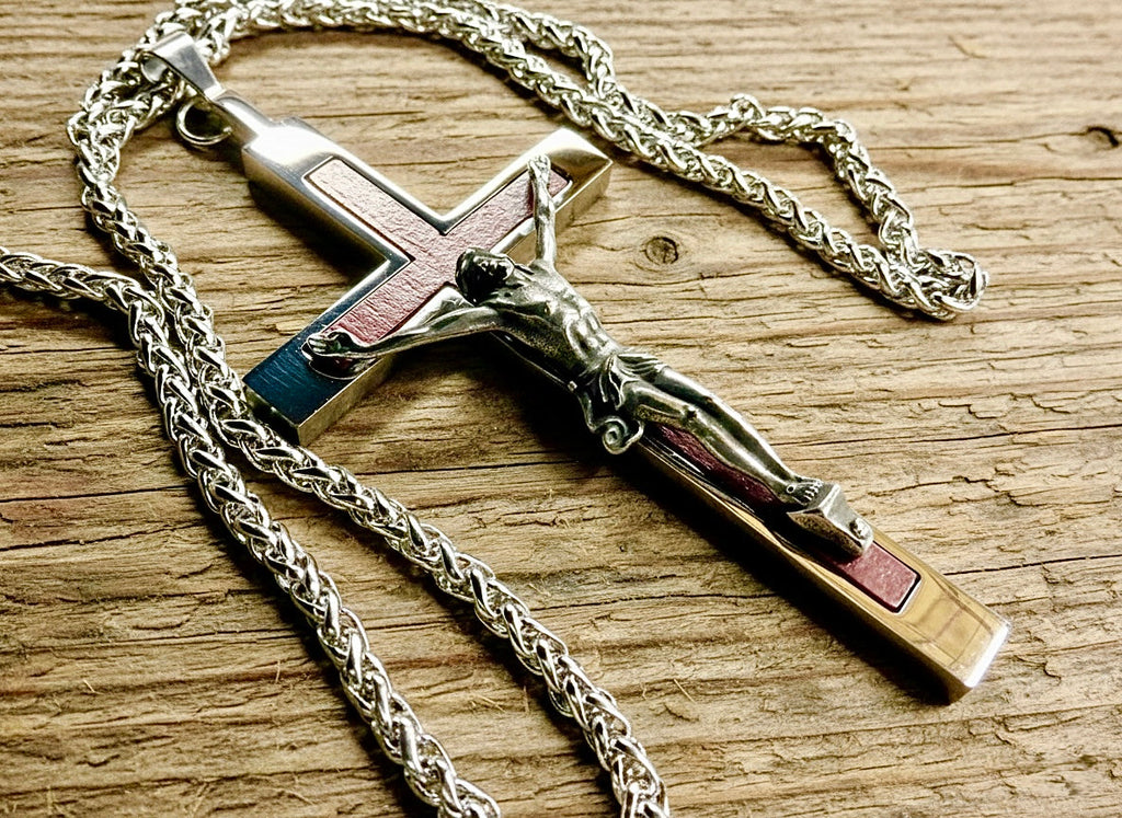 Behemoth wood inlayed crucifix cross necklace for men man women stainless steel large hypoallergenic cross 2
