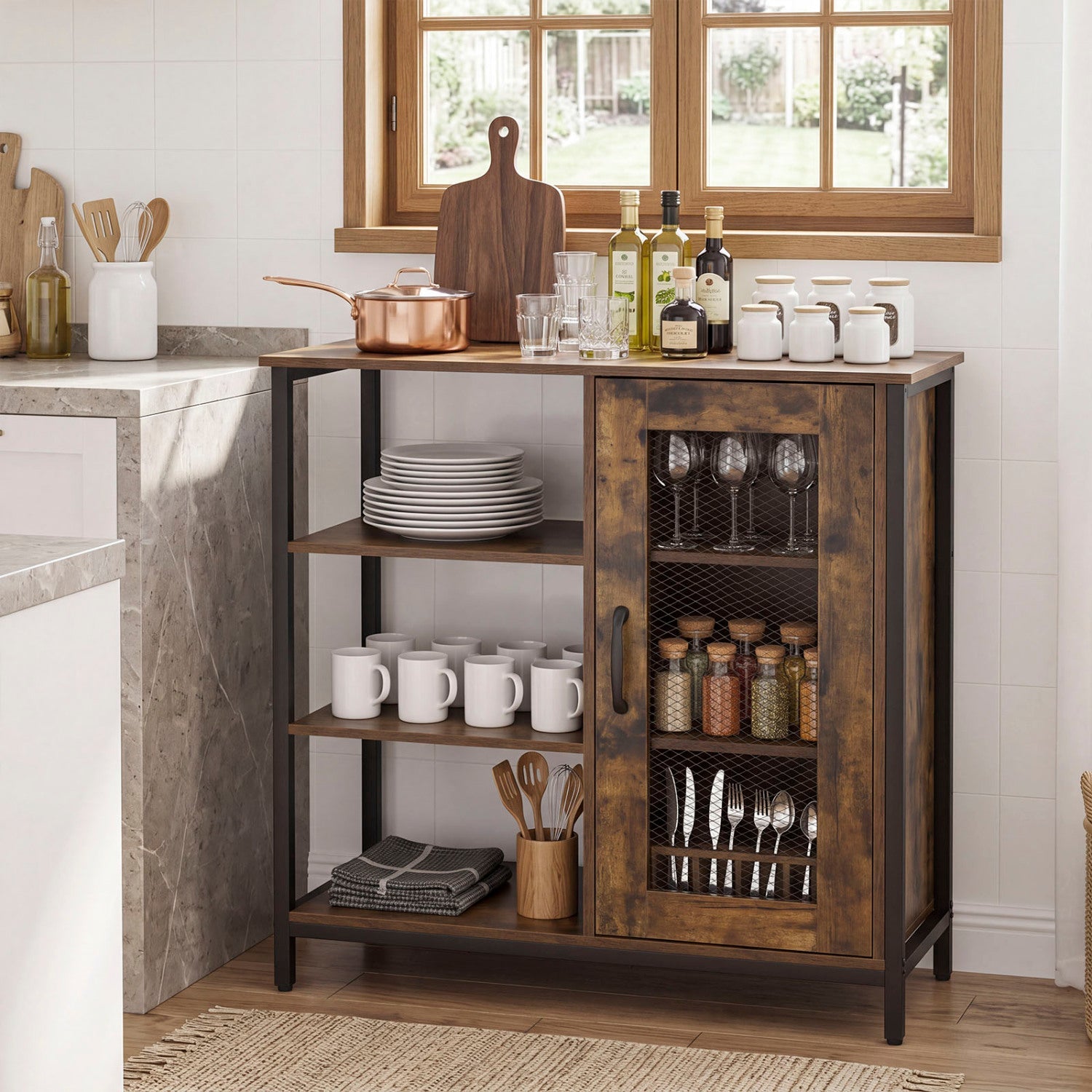 Industrial Side Cabinet with Metal Mesh Door & 3 Shelves