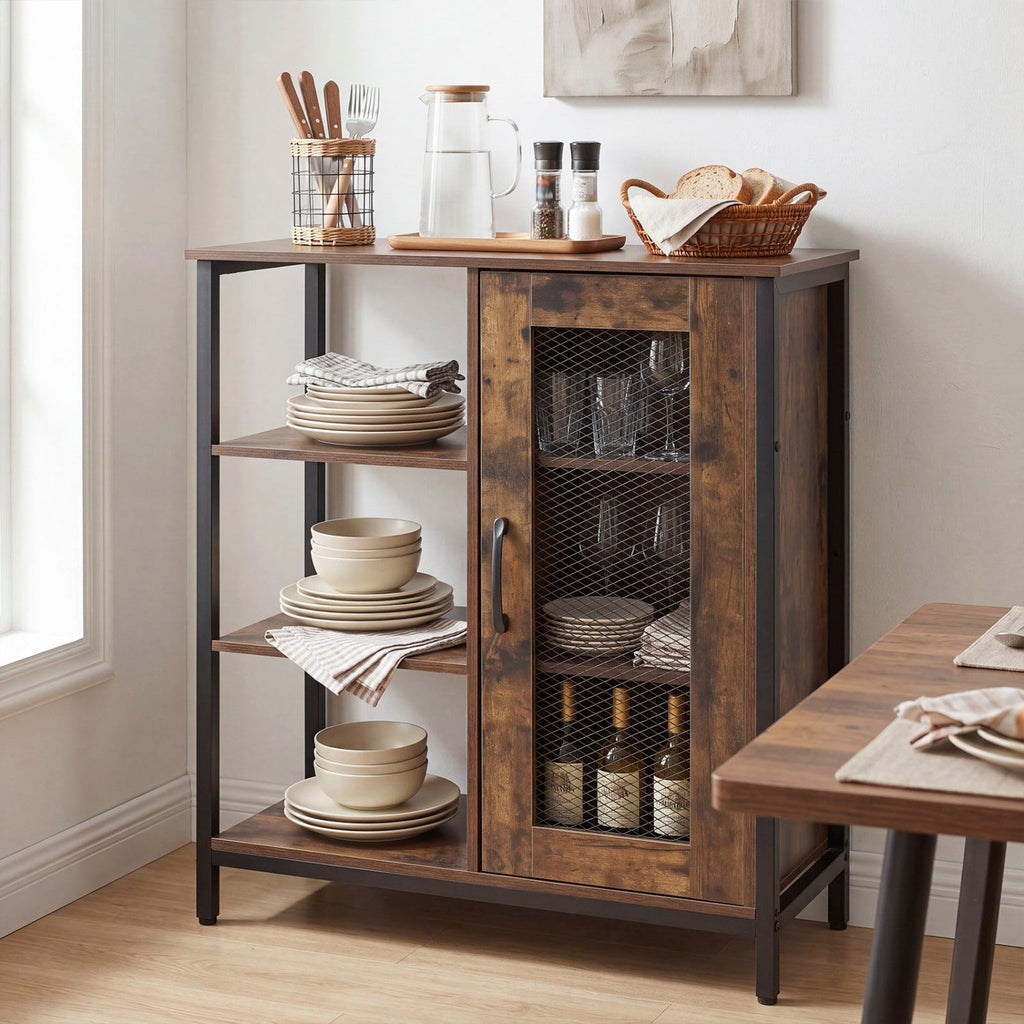 Industrial Side Cabinet with Metal Mesh Door & 3 Shelves