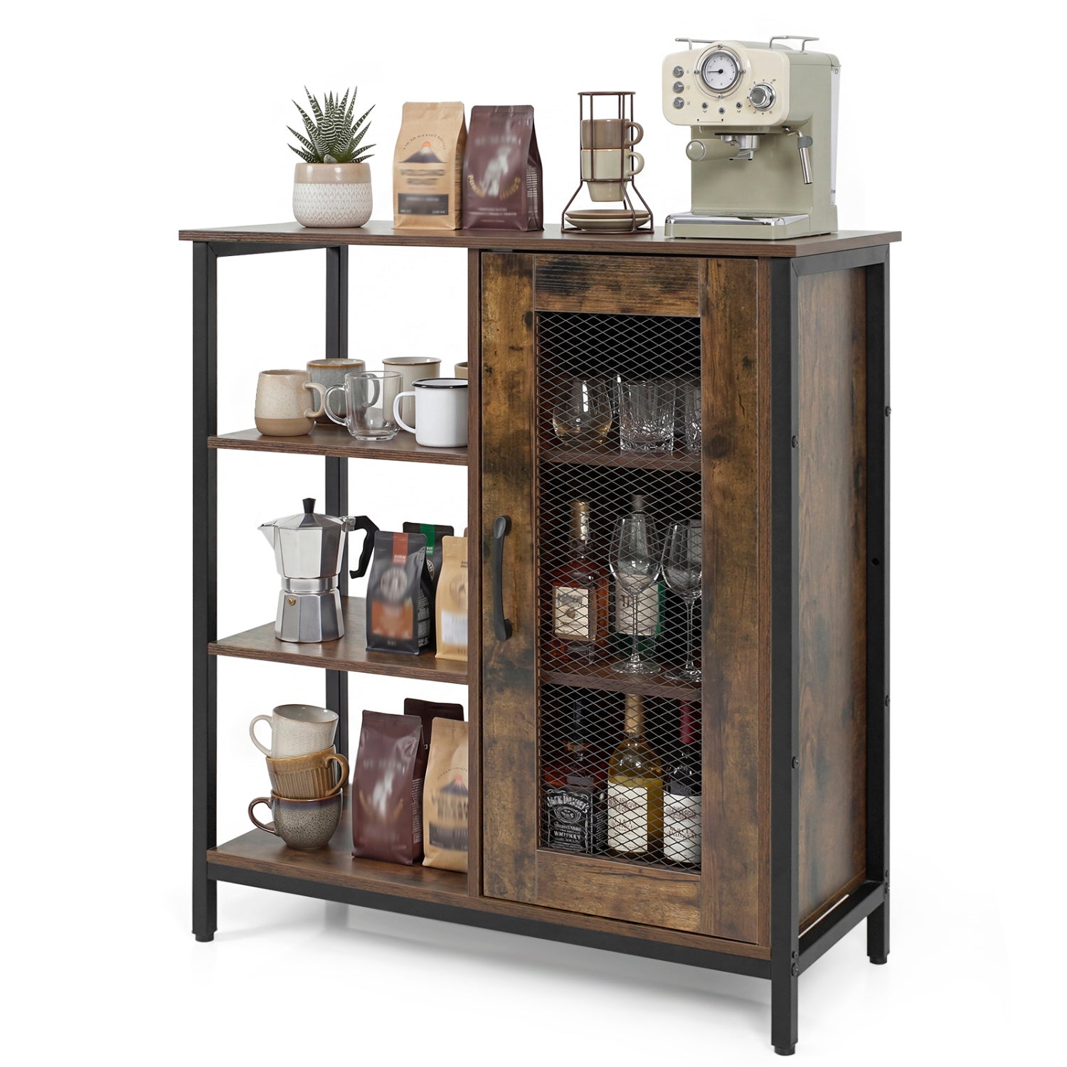 Industrial Side Cabinet with Metal Mesh Door & 3 Shelves