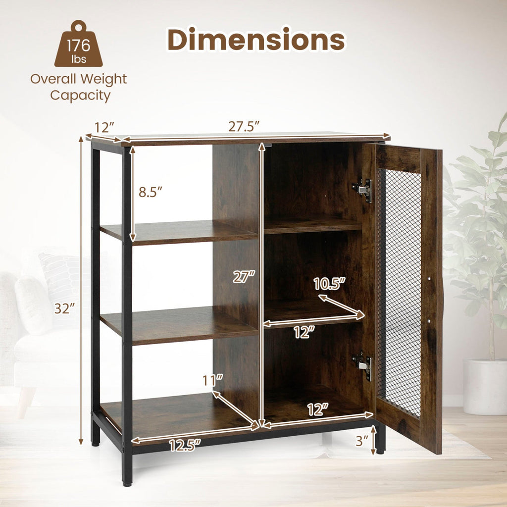Industrial Side Cabinet with Metal Mesh Door & 3 Shelves