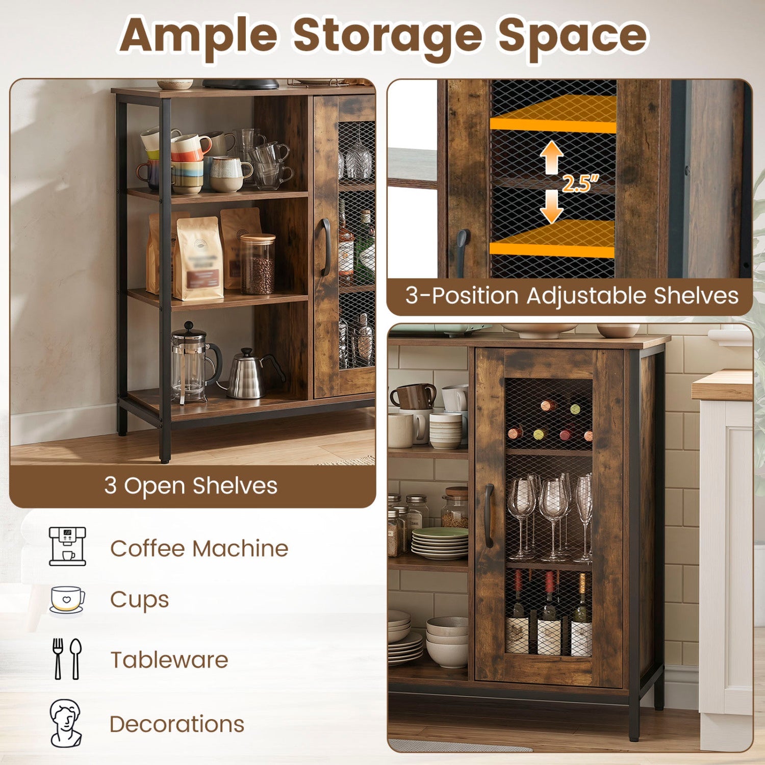 Industrial Side Cabinet with Metal Mesh Door & 3 Shelves