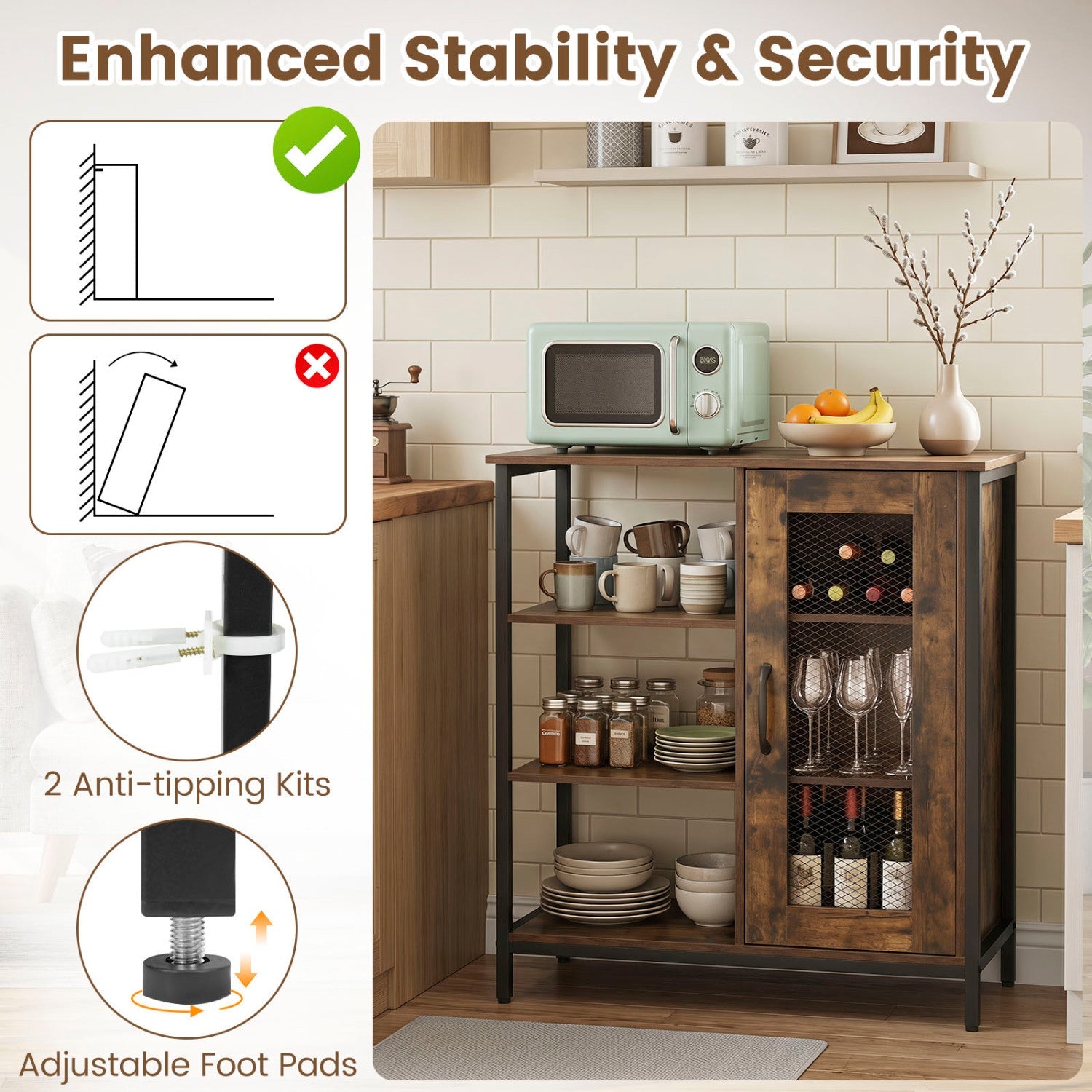 Industrial Side Cabinet with Metal Mesh Door & 3 Shelves