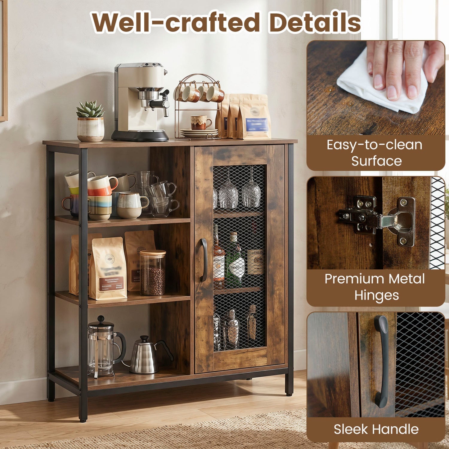 Industrial Side Cabinet with Metal Mesh Door & 3 Shelves