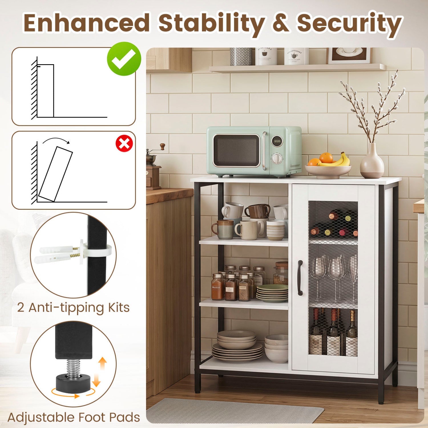 Industrial Side Cabinet with Metal Mesh Door & 3 Shelves