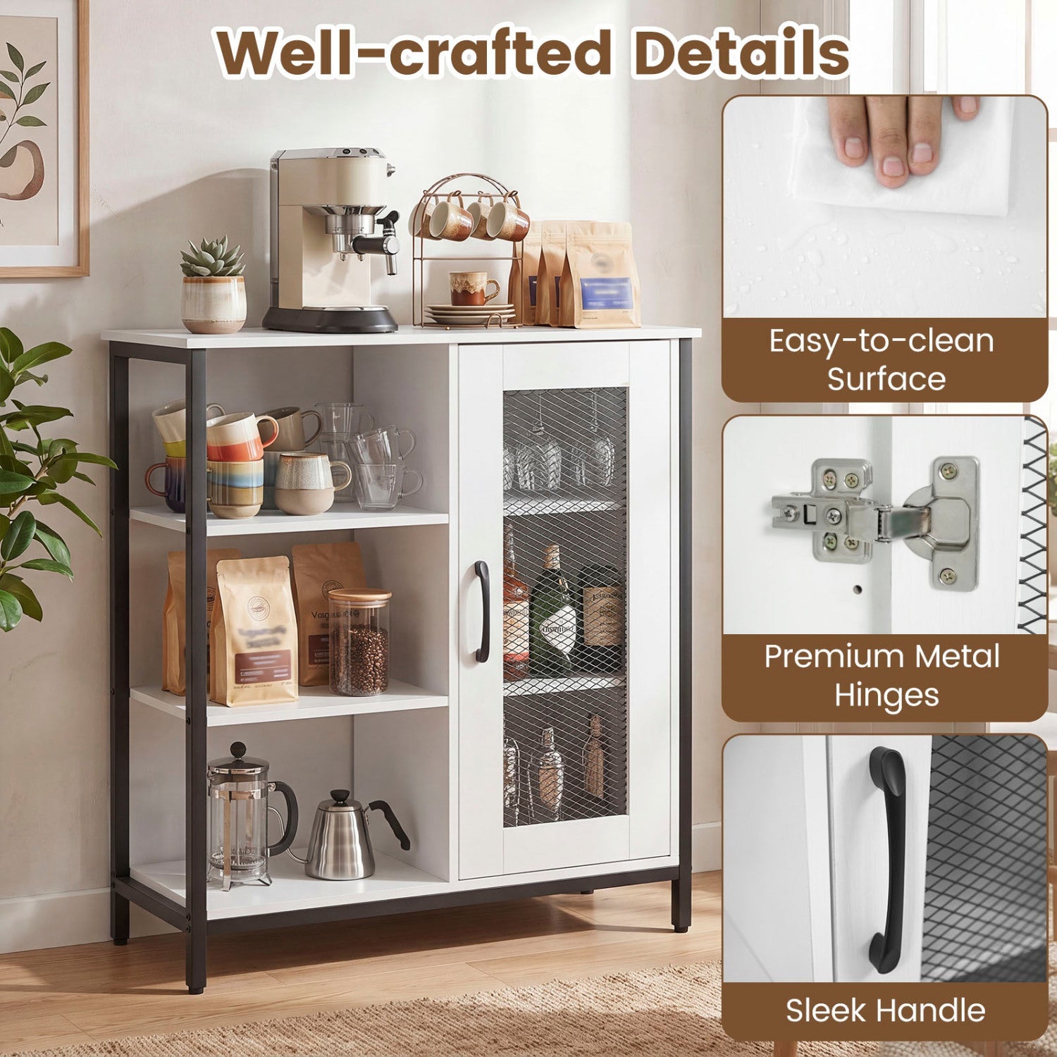 Industrial Side Cabinet with Metal Mesh Door & 3 Shelves