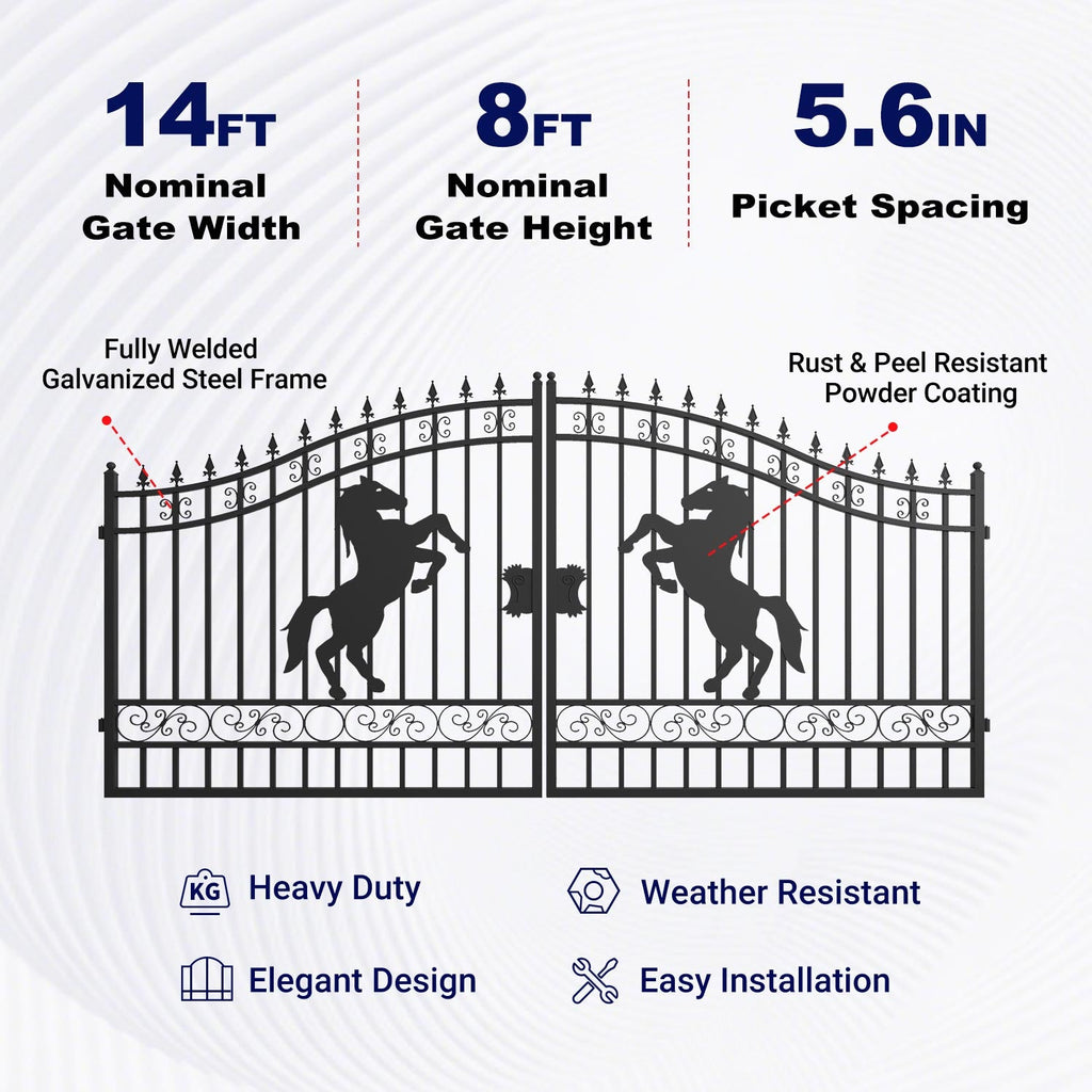 14x8 ft Steel Dual Swing Driveway Gate with Horse Pattern