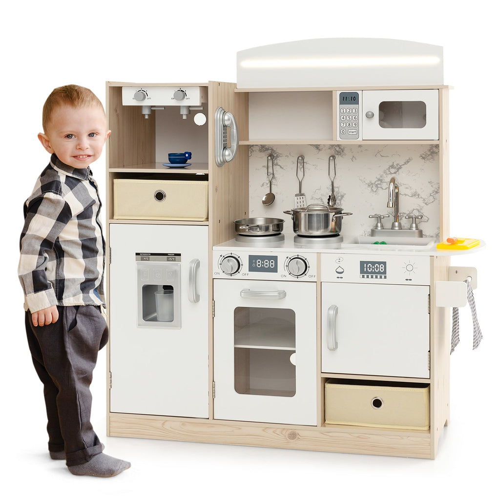 Pretend Play Kitchen Toy Kitchen Playset with Range Hood Ice Maker and Telephone