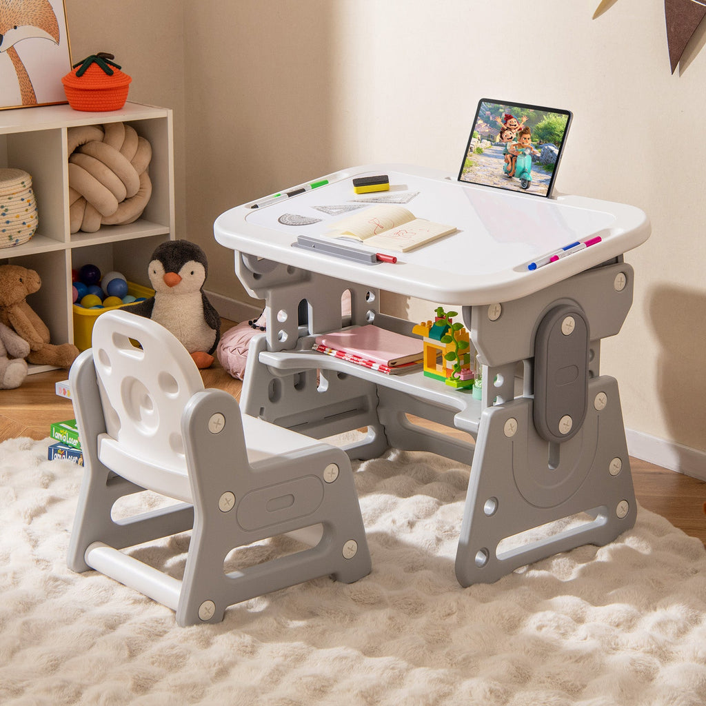 Height Adjustable Kids Table and Chair Set with Tiltable Whiteboard and Concave Shelf