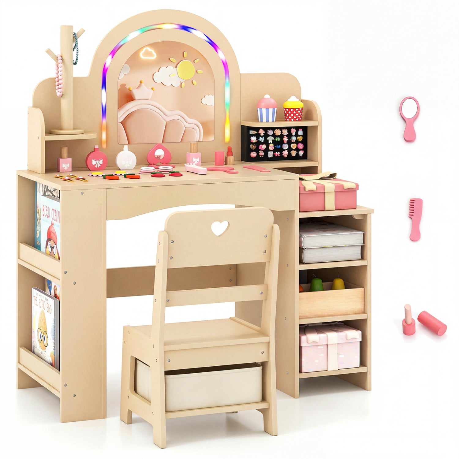 Kids Vanity Set with LED Mirror and Chair - Natural