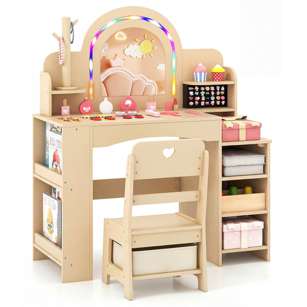 Kids Vanity Set with LED Mirror and Chair - Natural