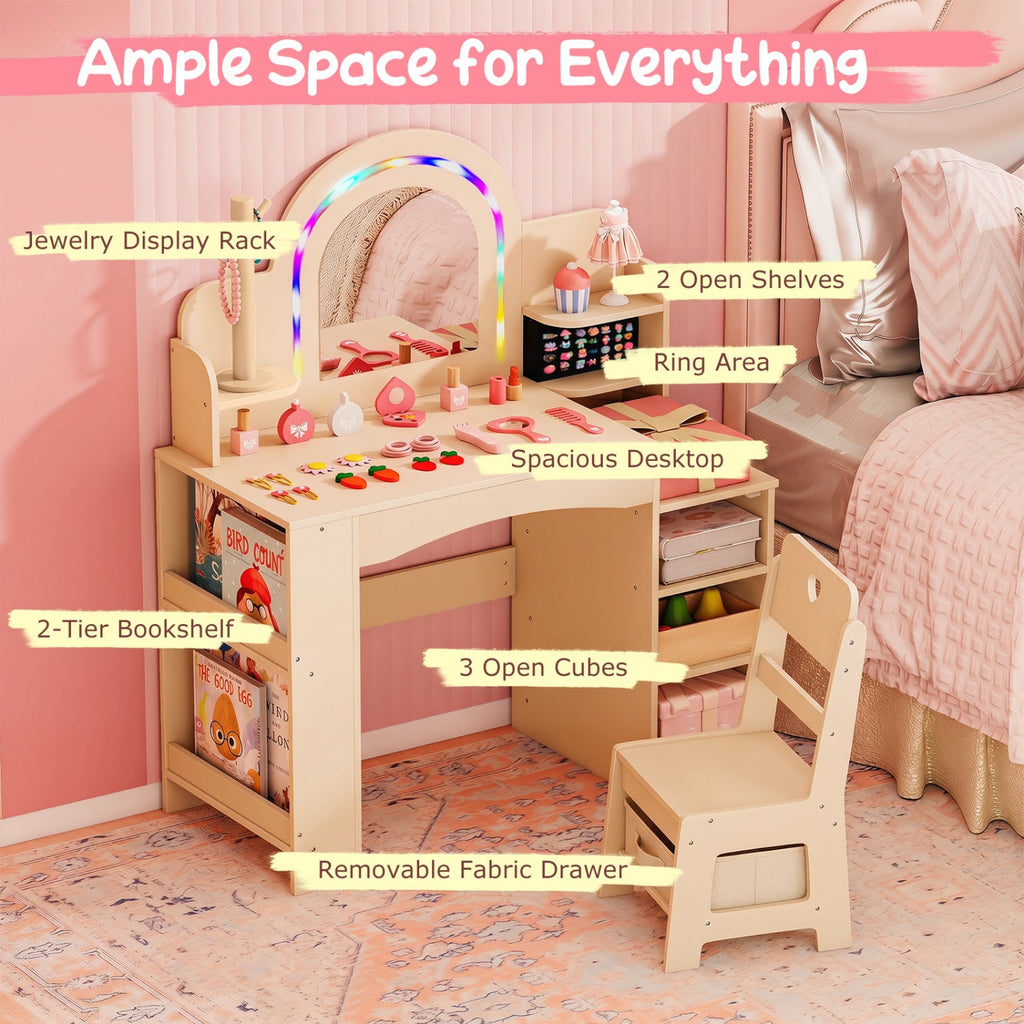 Kids Vanity Set with LED Mirror and Chair - Natural