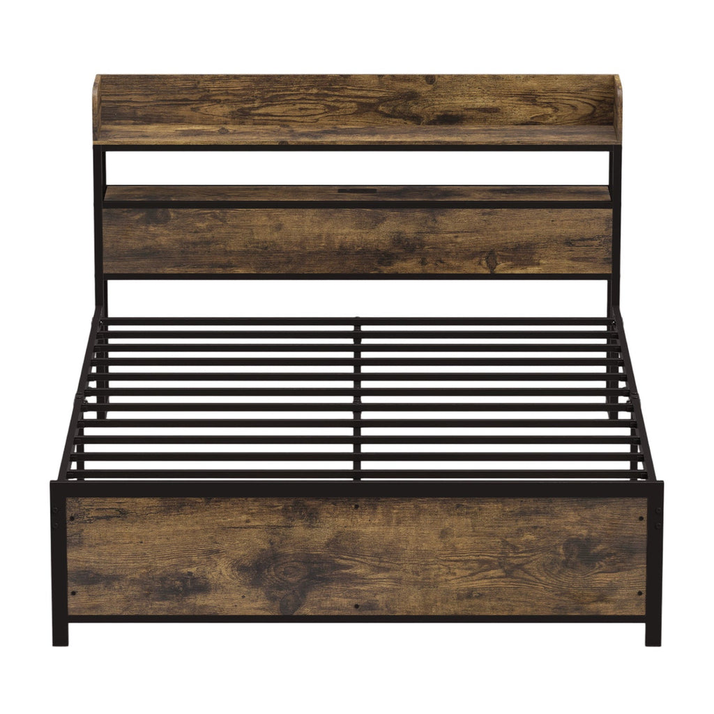 Queen LED Bed Frame with Power Outlets and Storage Headboard