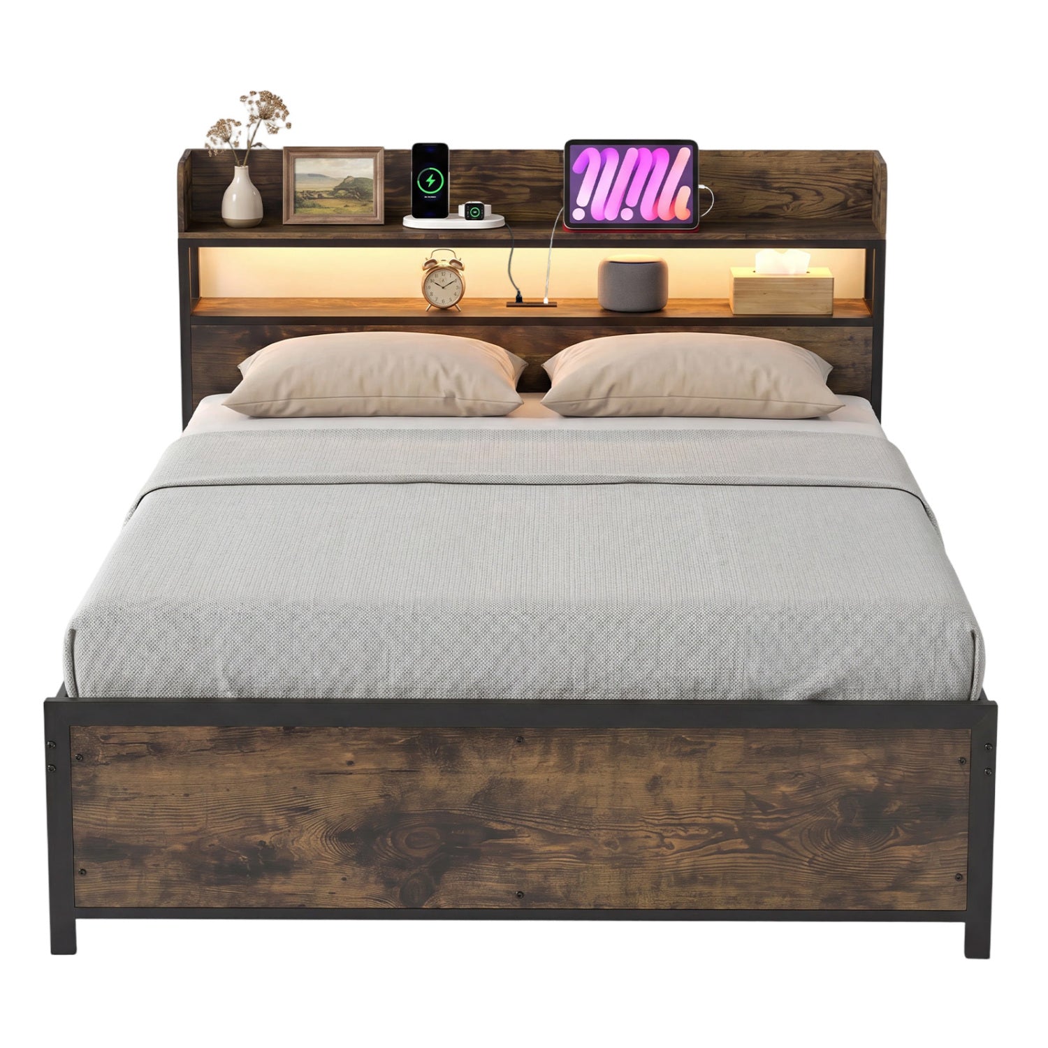 Queen LED Bed Frame with Power Outlets and Storage Headboard