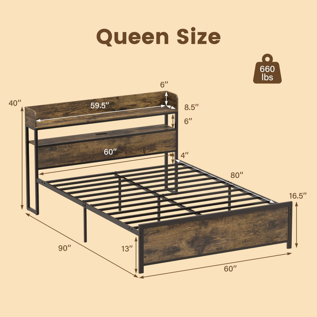 Queen LED Bed Frame with Power Outlets and Storage Headboard