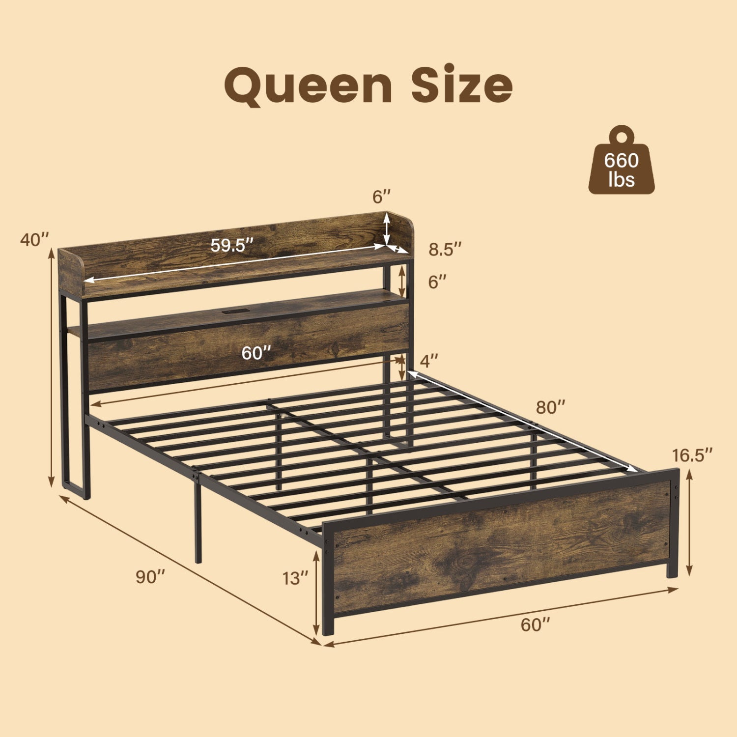Queen LED Bed Frame with Power Outlets and Storage Headboard