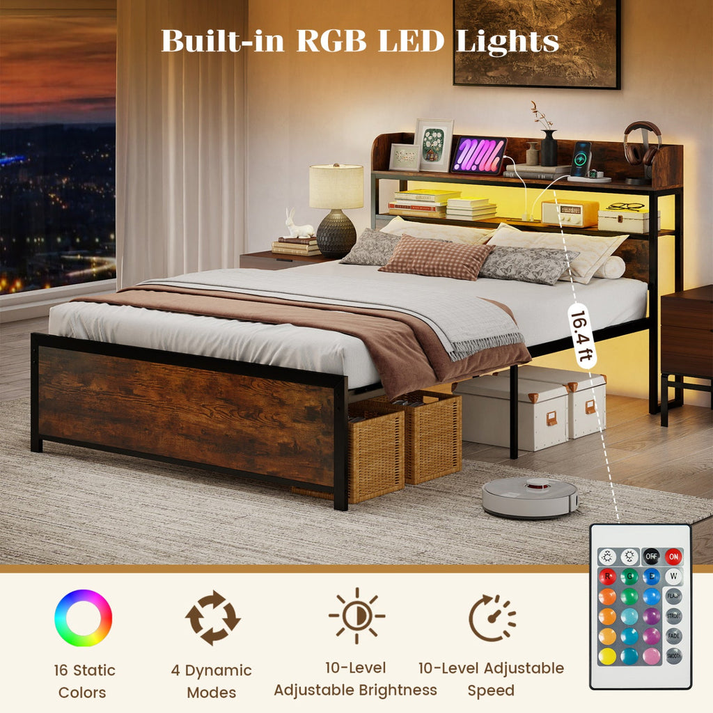Queen LED Bed Frame with Power Outlets and Storage Headboard