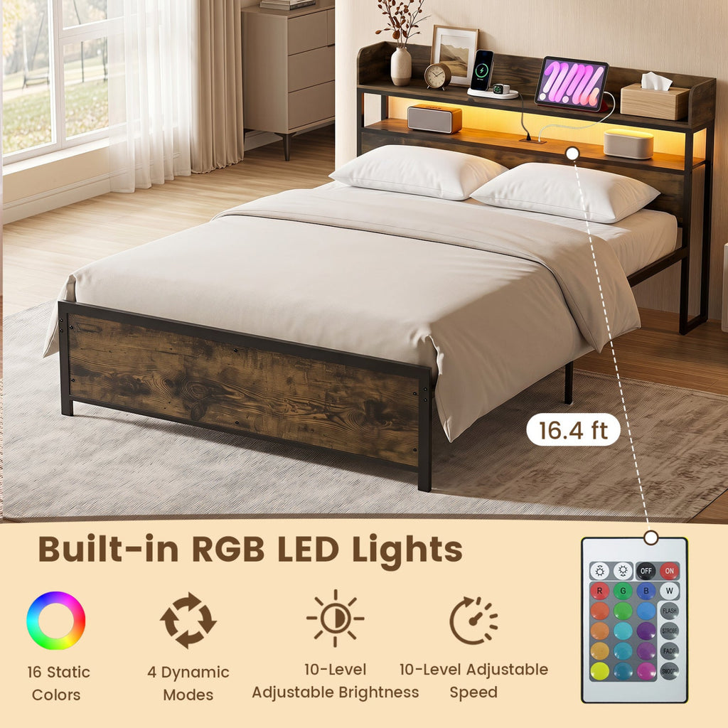 Queen LED Bed Frame with Power Outlets and Storage Headboard