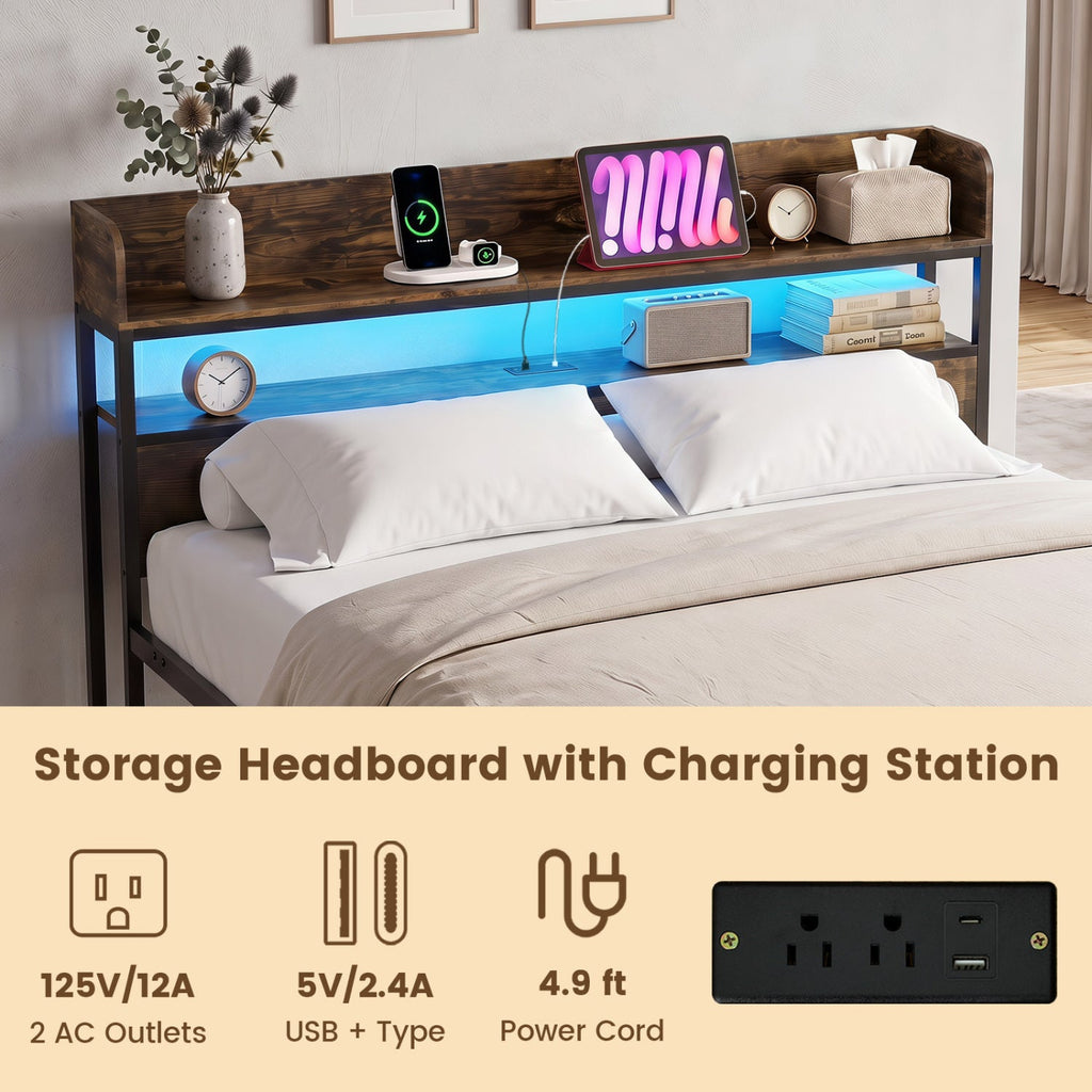 Queen LED Bed Frame with Power Outlets and Storage Headboard