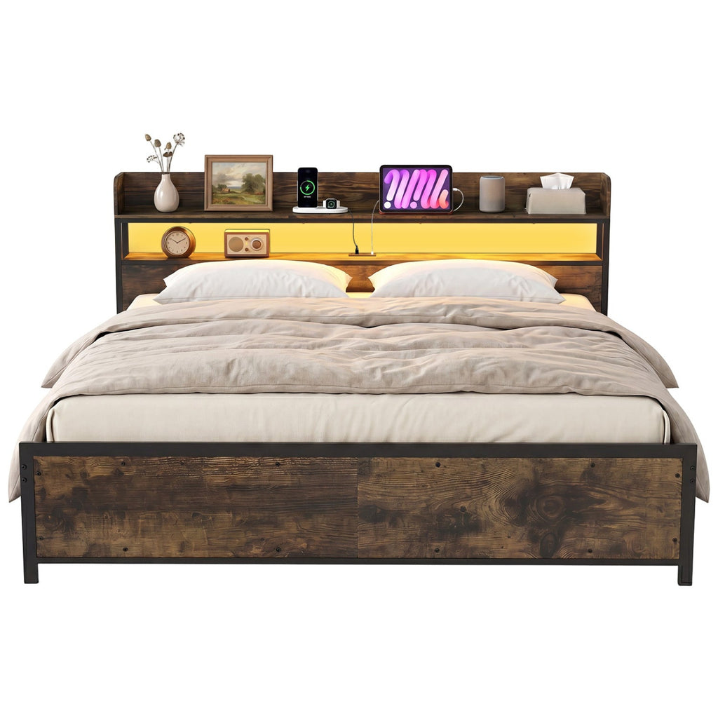 Queen LED Bed Frame with Power Outlets and Storage Headboard