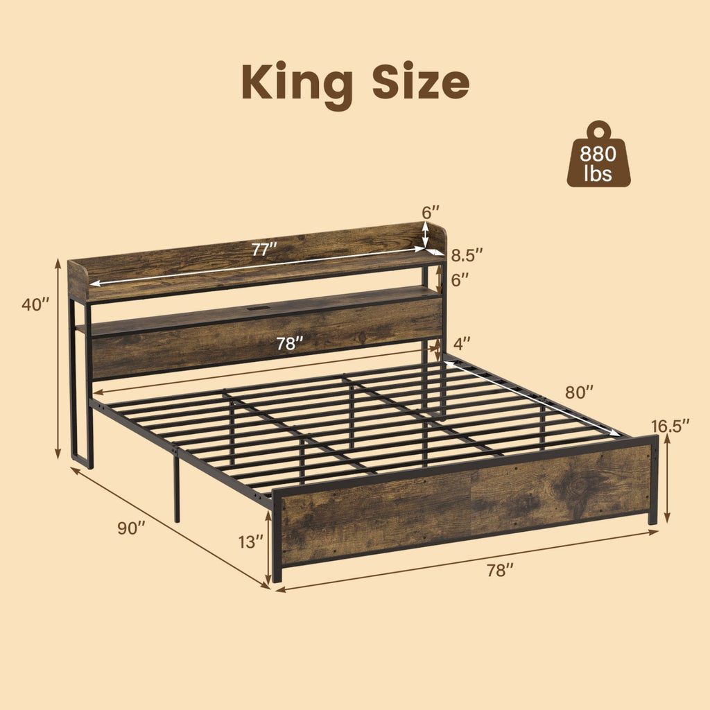 Queen LED Bed Frame with Power Outlets and Storage Headboard