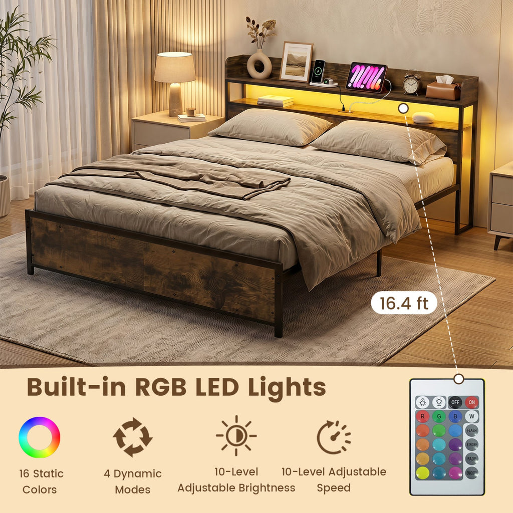 Queen LED Bed Frame with Power Outlets and Storage Headboard