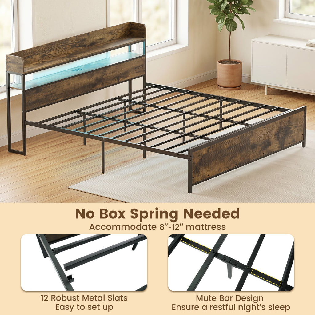 Queen LED Bed Frame with Power Outlets and Storage Headboard