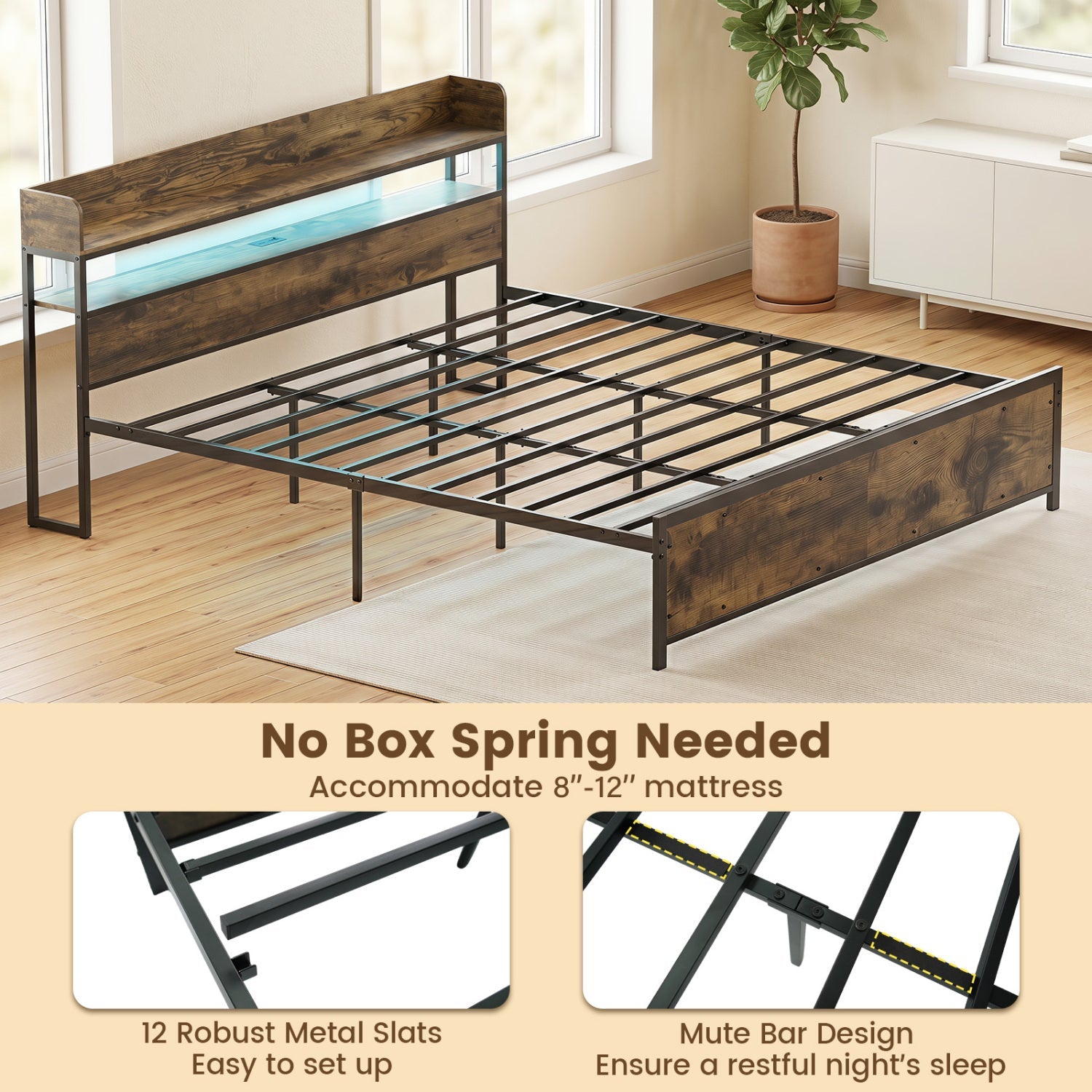Queen LED Bed Frame with Power Outlets and Storage Headboard