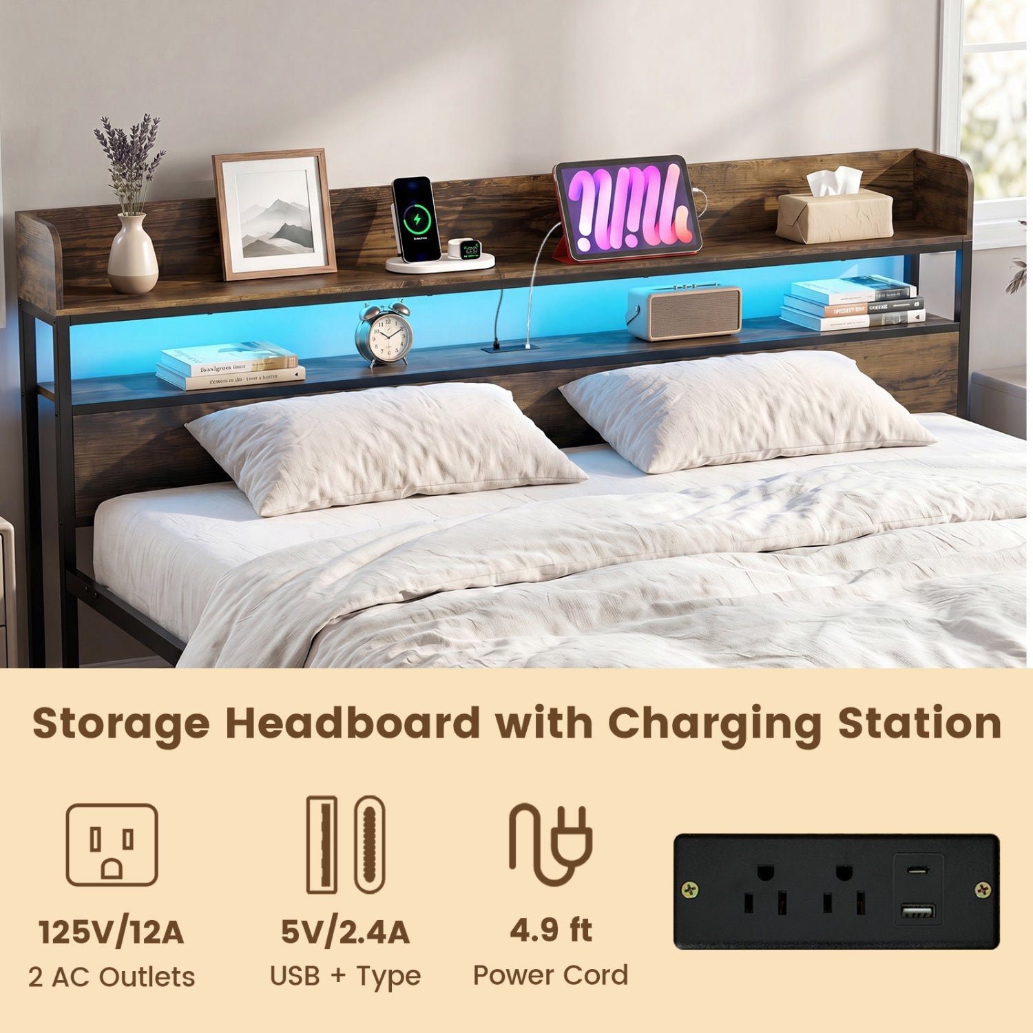Queen LED Bed Frame with Power Outlets and Storage Headboard