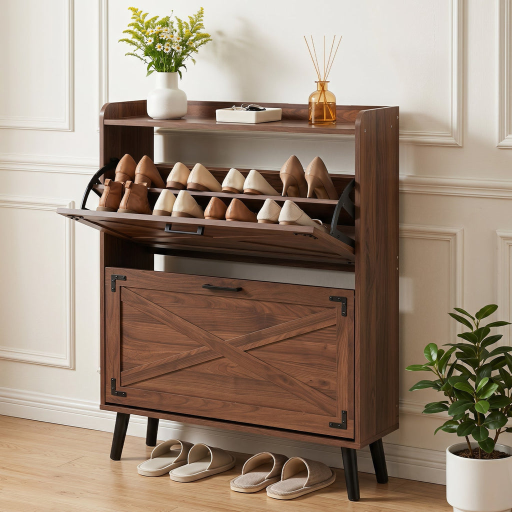 Narrow Shoe Cabinet with Flip Drawers and Adjustable Shelves