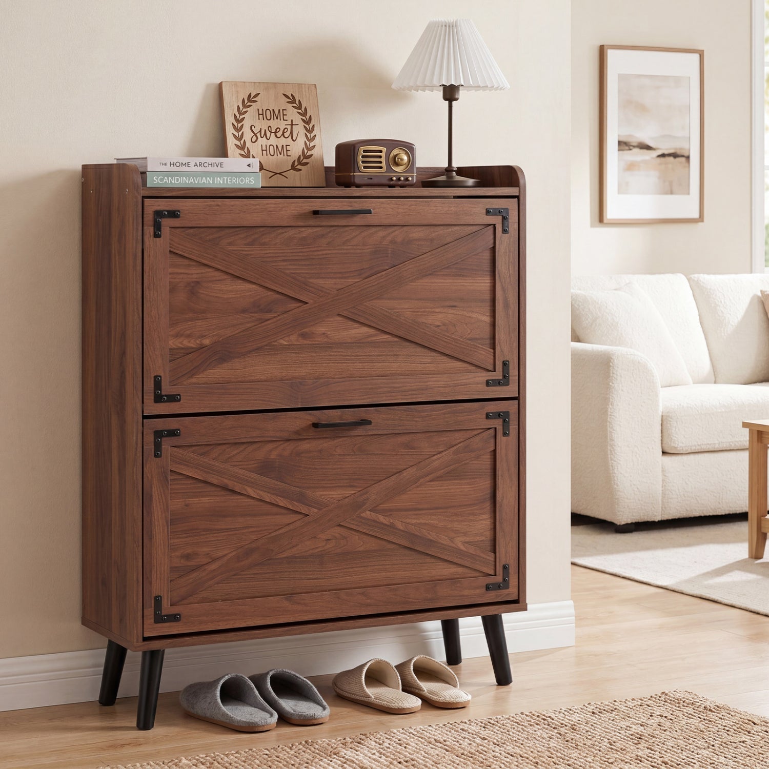 Narrow Shoe Cabinet with Flip Drawers and Adjustable Shelves
