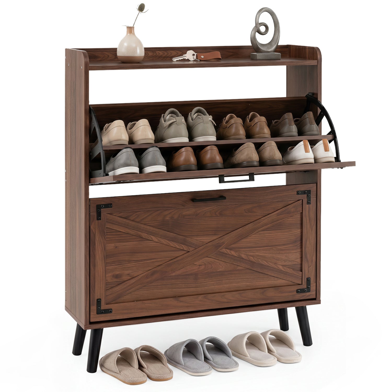 Narrow Shoe Cabinet with Flip Drawers and Adjustable Shelves