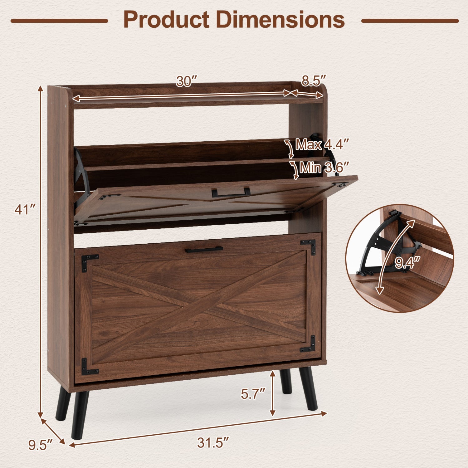 Narrow Shoe Cabinet with Flip Drawers and Adjustable Shelves