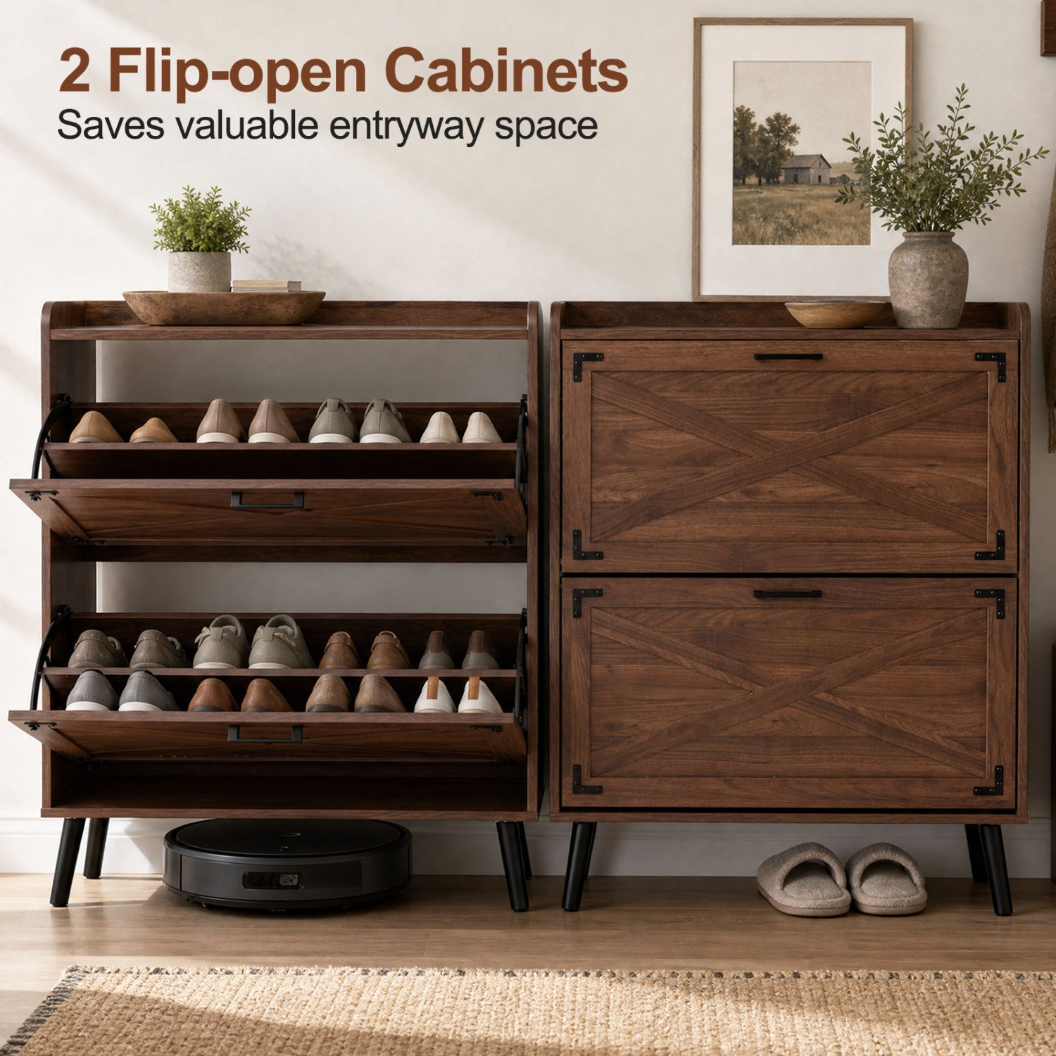 Narrow Shoe Cabinet with Flip Drawers and Adjustable Shelves