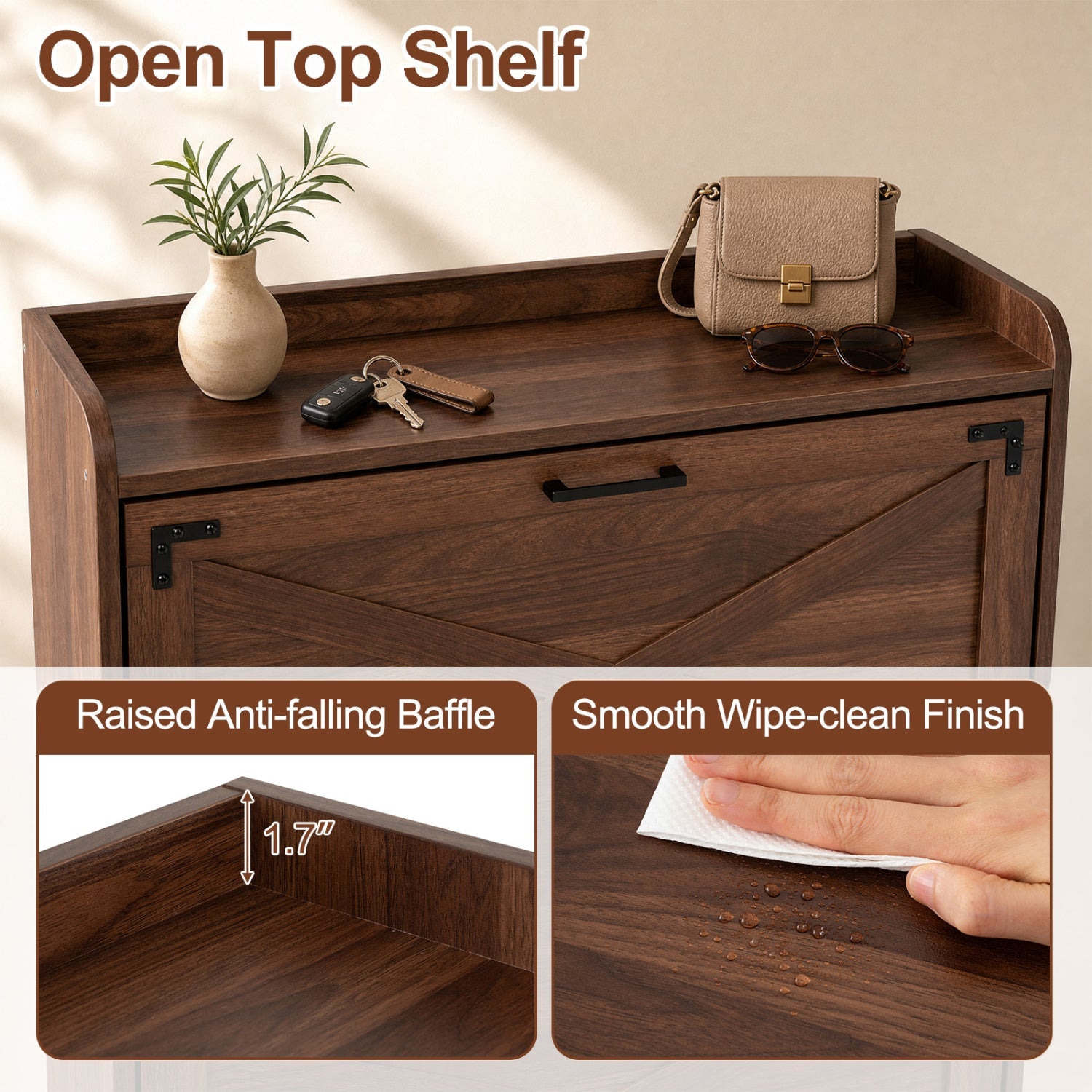 Narrow Shoe Cabinet with Flip Drawers and Adjustable Shelves