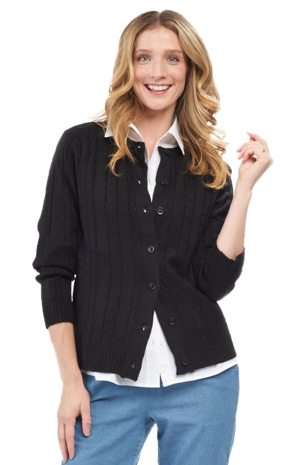 Women's Classic Button Front Cable Knit Cardigan — Soft Acrylic