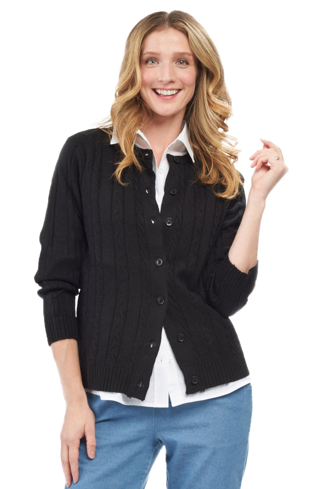 Women's Classic Button Front Cable Knit Cardigan — Soft Acrylic