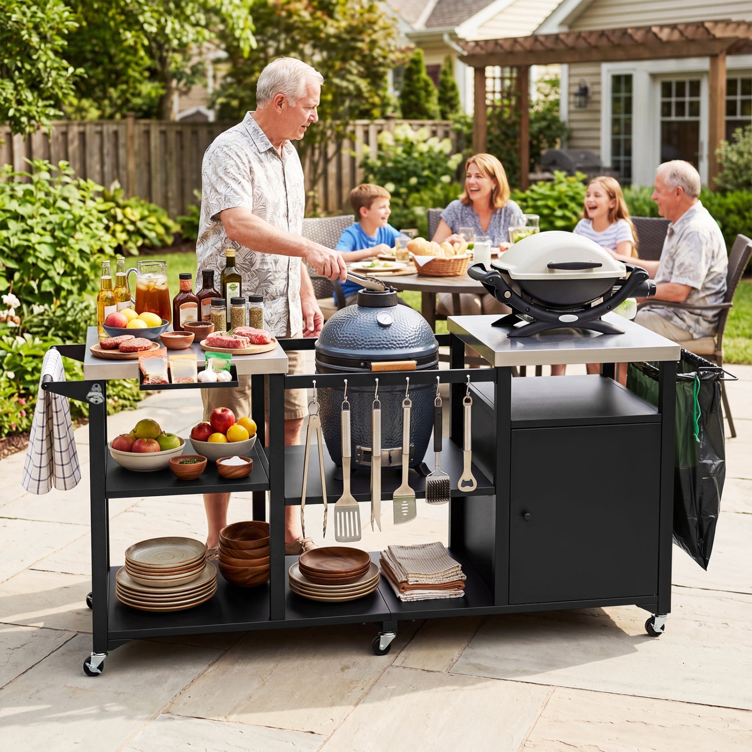 Outdoor Grill Cart with Stainless Steel Tabletop & Cabinet