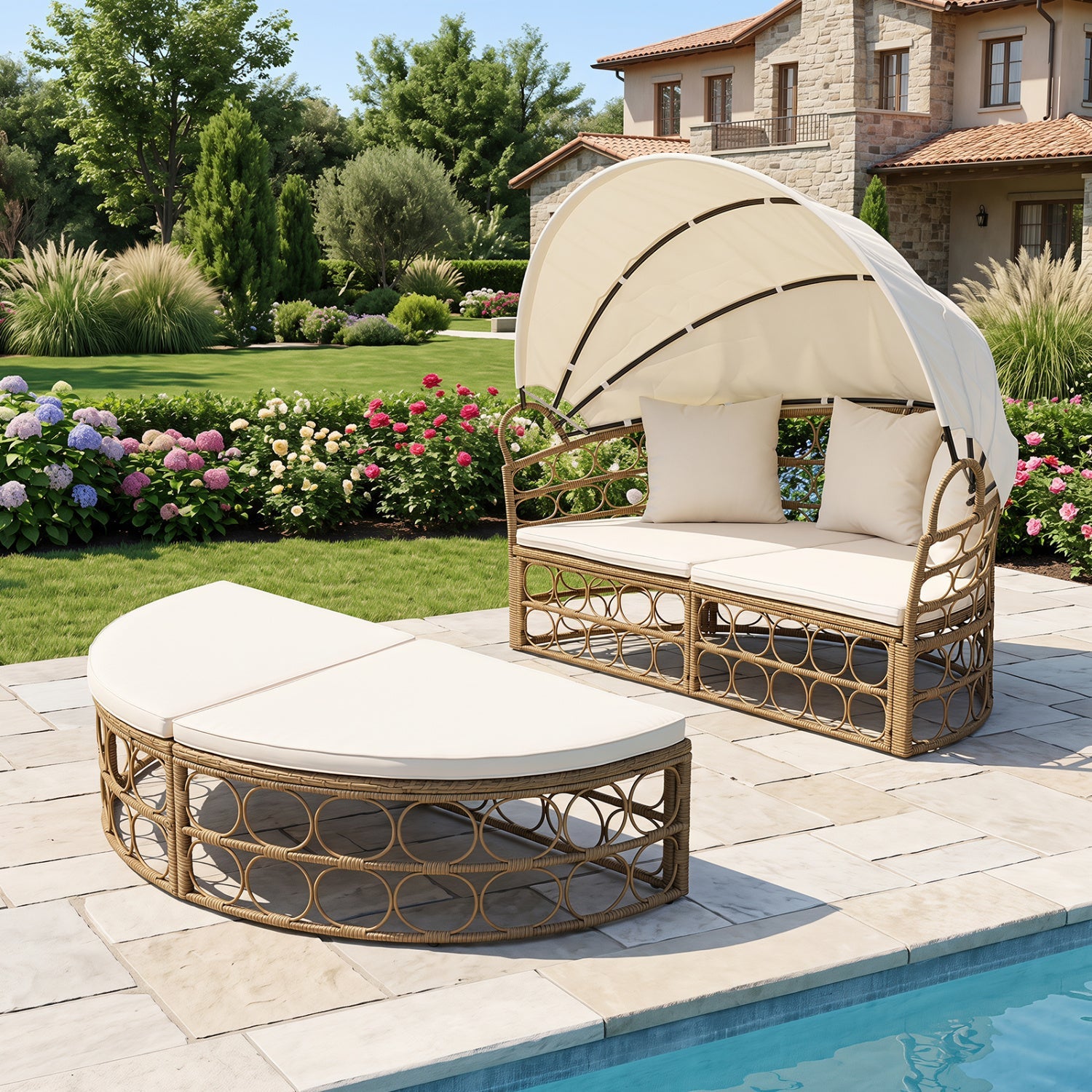 Outdoor Patio Daybed with Retractable Canopy and Cushions