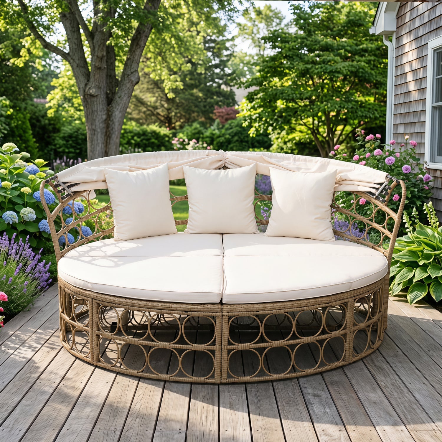 Outdoor Patio Daybed with Retractable Canopy and Cushions