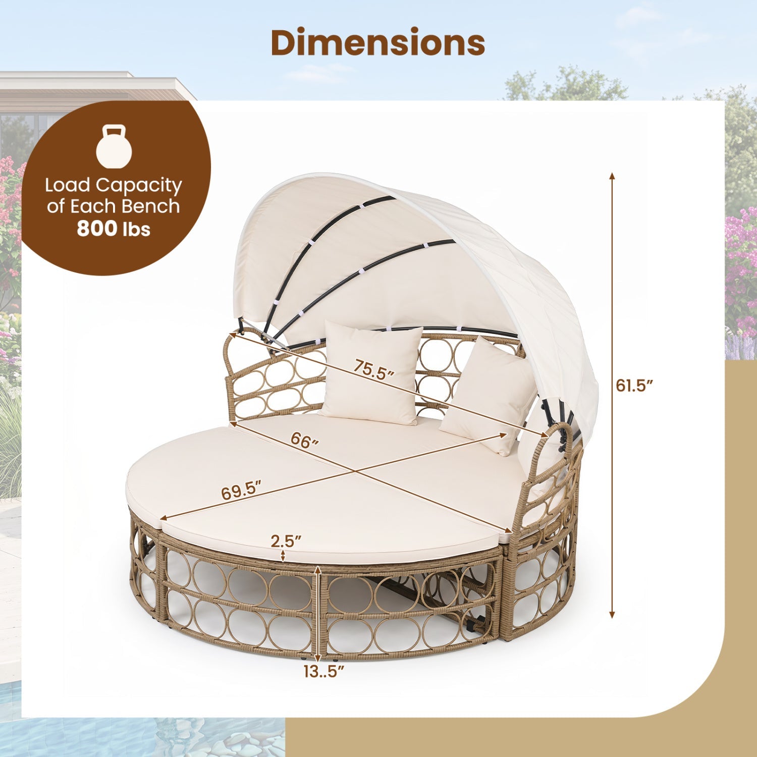 Outdoor Patio Daybed with Retractable Canopy and Cushions