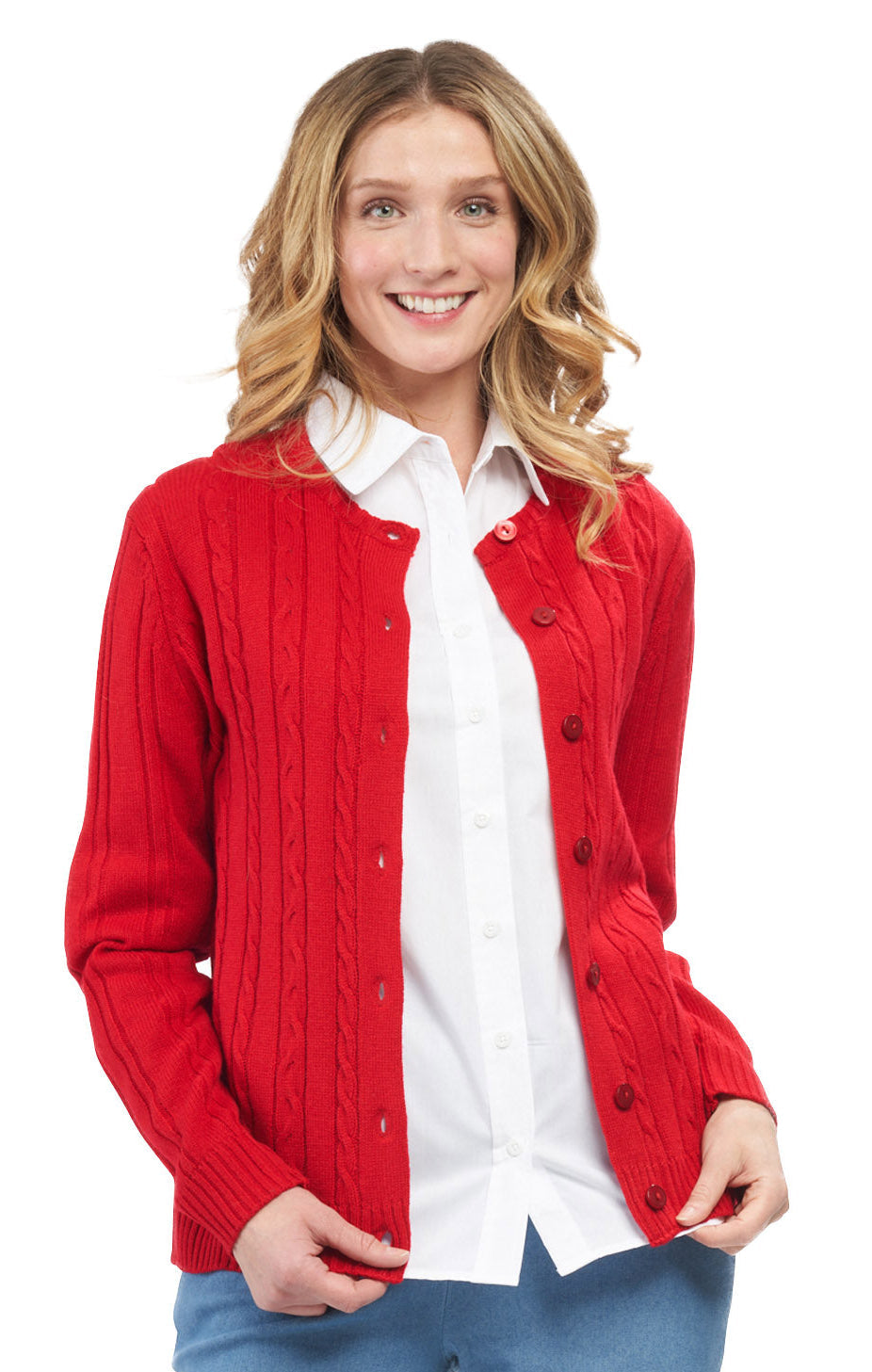 Women's Classic Button Front Cable Knit Cardigan — Soft Acrylic