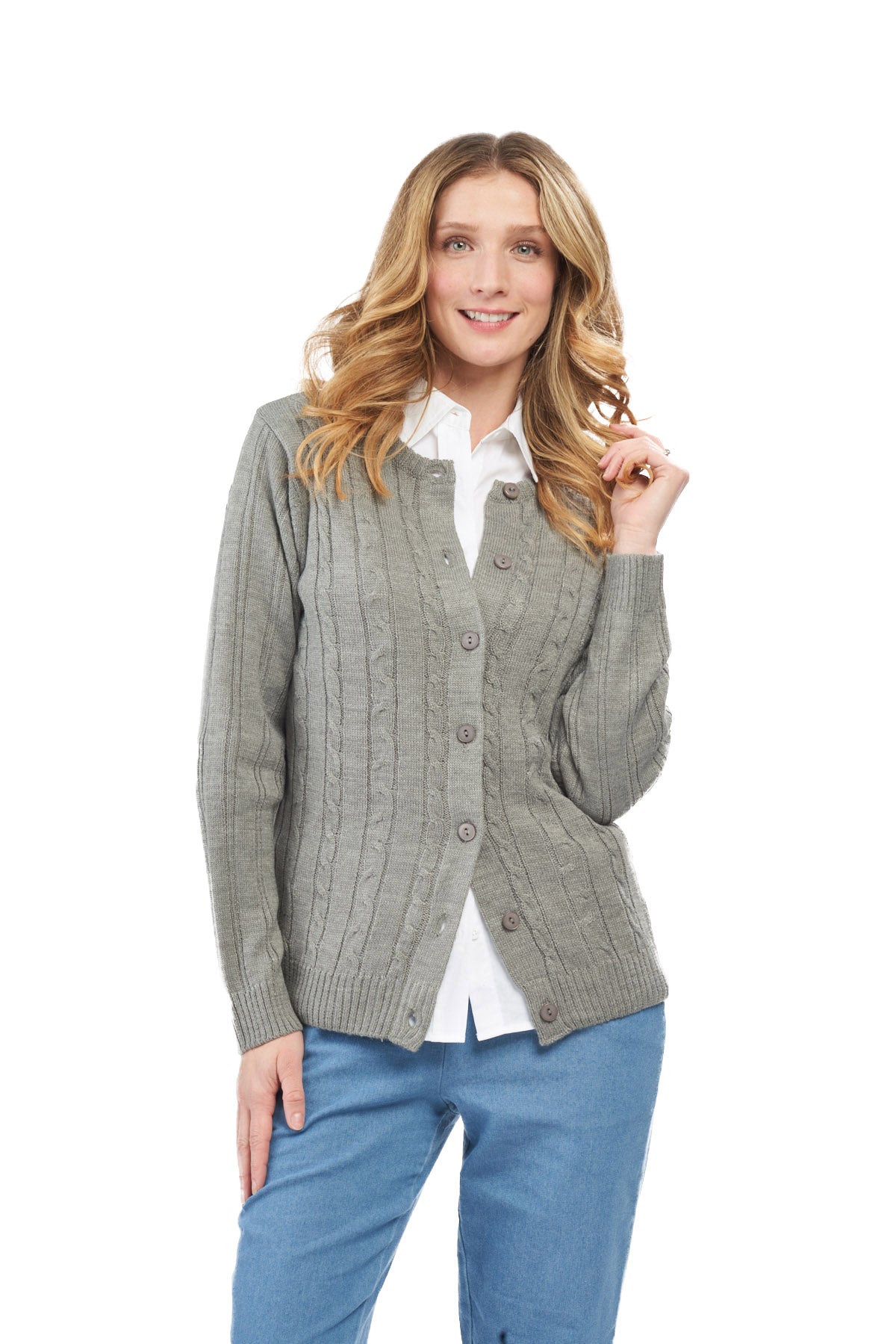 Women's Classic Button Front Cable Knit Cardigan — Soft Acrylic