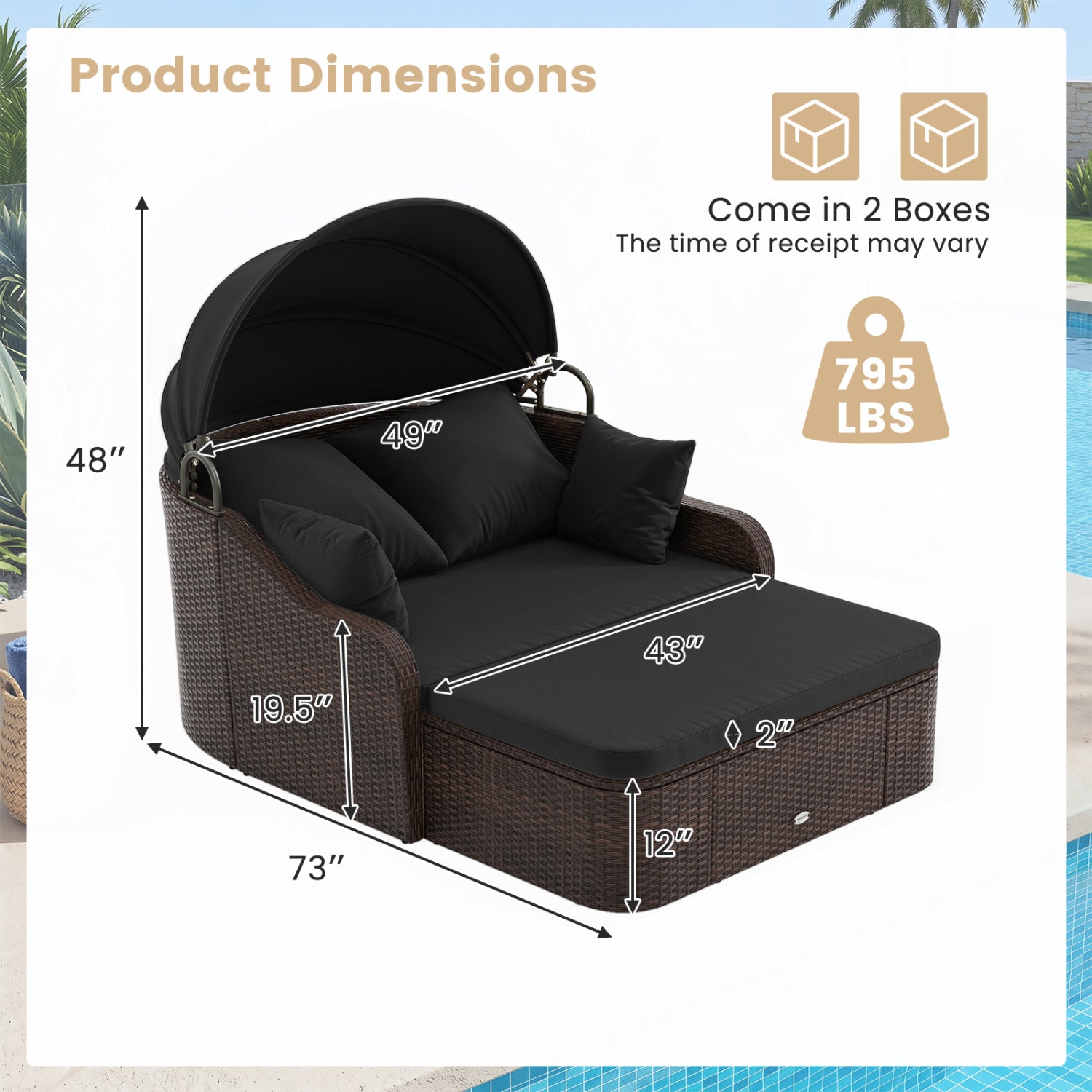 Outdoor Rattan Daybed with Retractable Canopy and Cushions