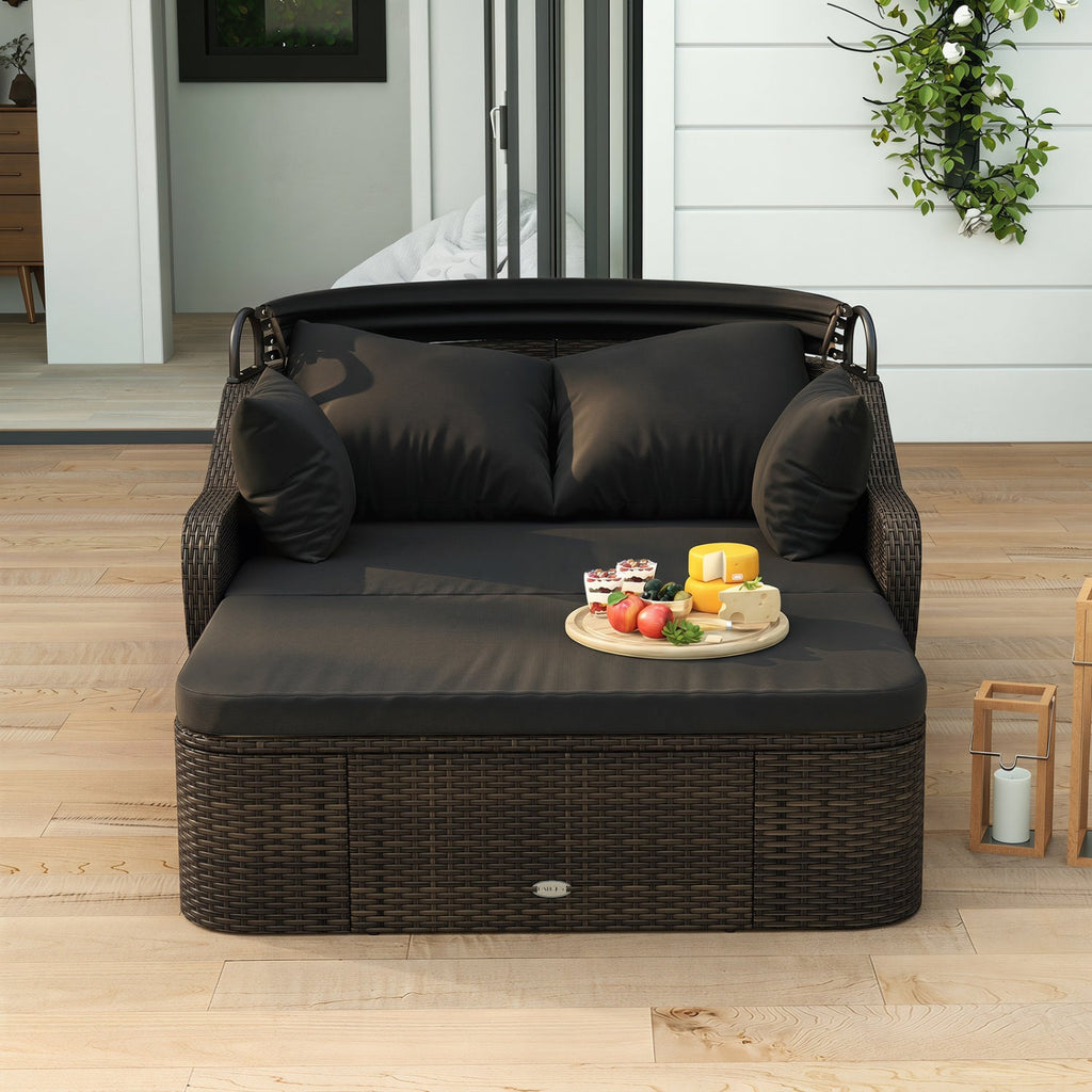 Outdoor Rattan Daybed with Retractable Canopy and Cushions