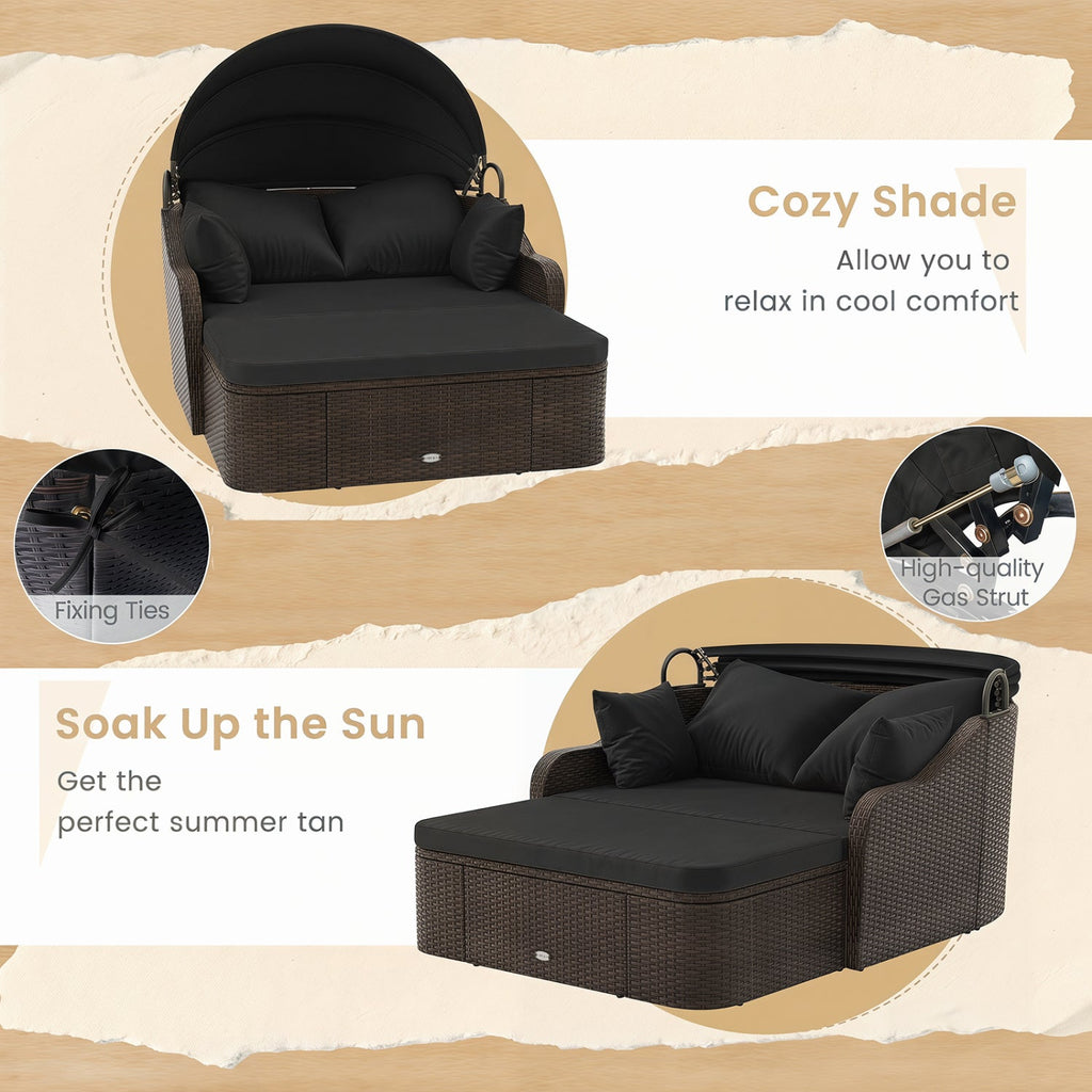 Outdoor Rattan Daybed with Retractable Canopy and Cushions
