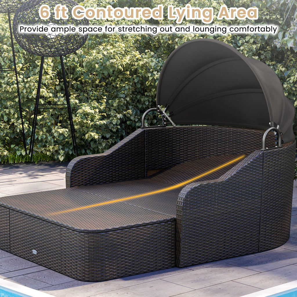 Outdoor Rattan Daybed with Retractable Canopy and Cushions